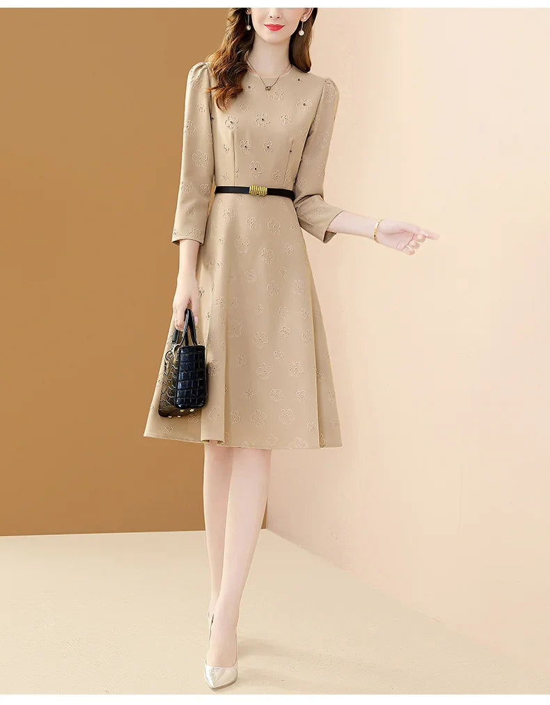 Floral Embroidered Belt Dress for Women O Neck A Line