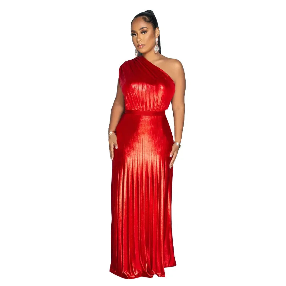One Shoulder Metallic Pleated Maxi Dress Evening Gown