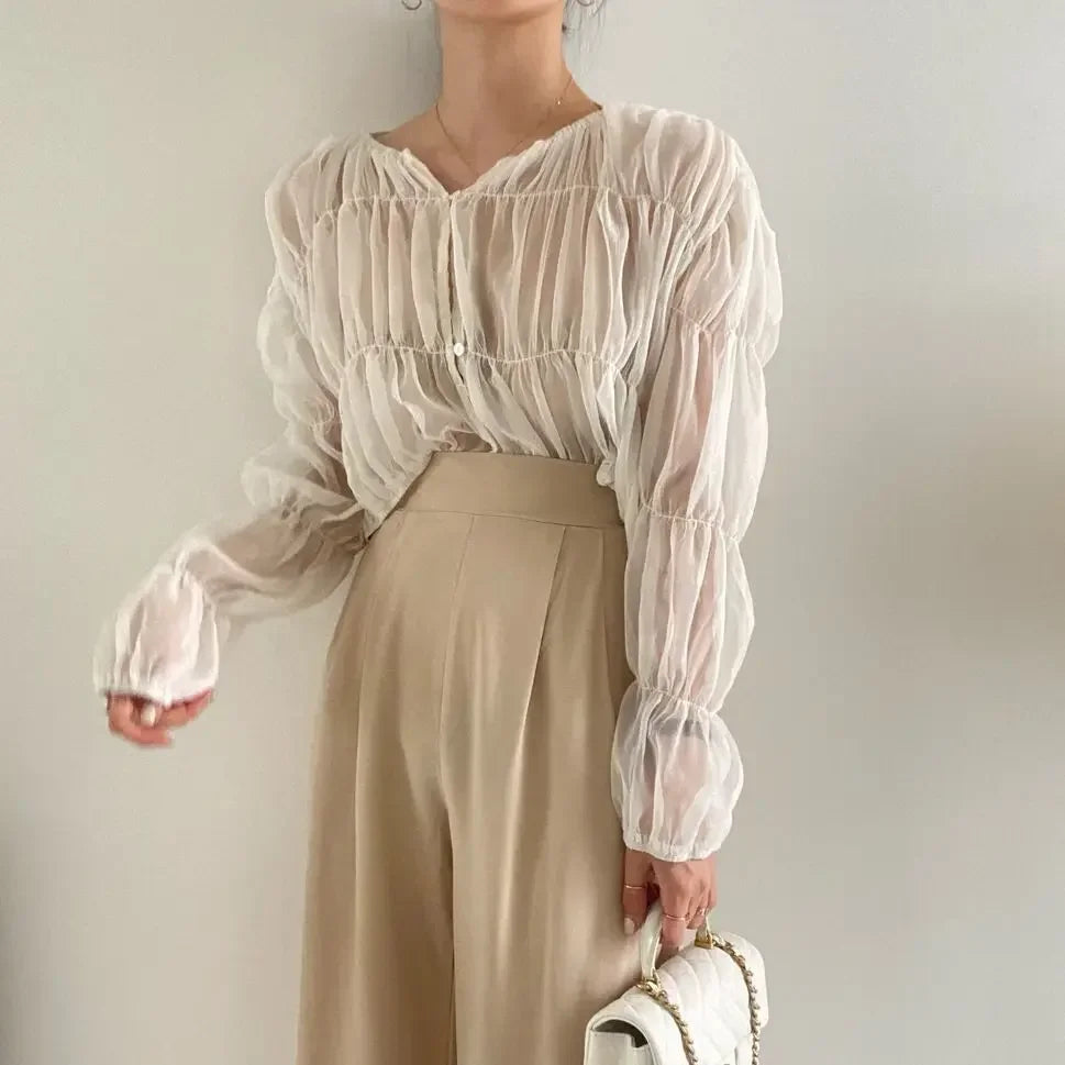 Loose Fit Chiffon Blouse for Women Pleated Sheer Long Sleeve Casual Summer Top with Elegant Folded Design