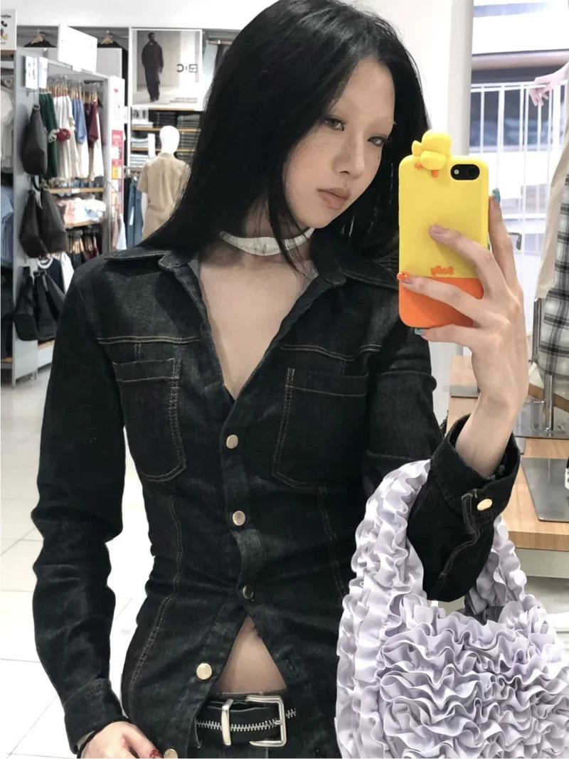 Women's Slim-Fit Denim Shirt with Stretch Waist and Flare Trousers for Comfortable Spring Style