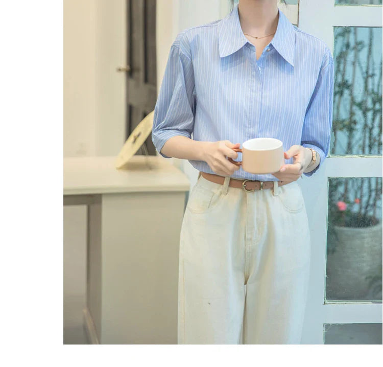 Women Casual Blue Stripe Short Sleeve Polo Collar Shirt Elegant Loose Office Blouse Single Breasted Summer Chic Top