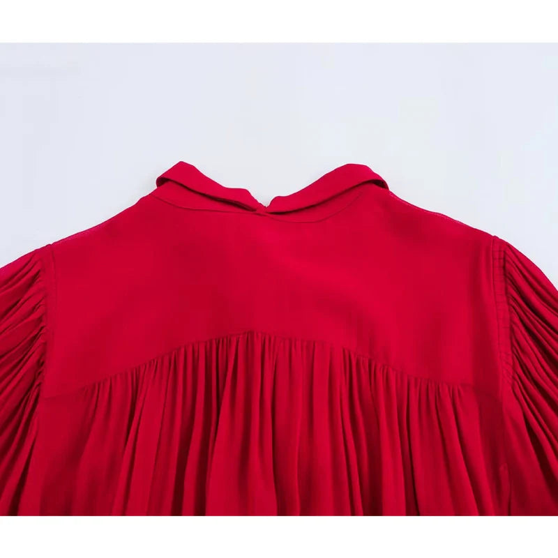 Red Bow Pleated Semi Sheer Womens Blouse Chic Button Up Shirt Elegant Spring Top for Women