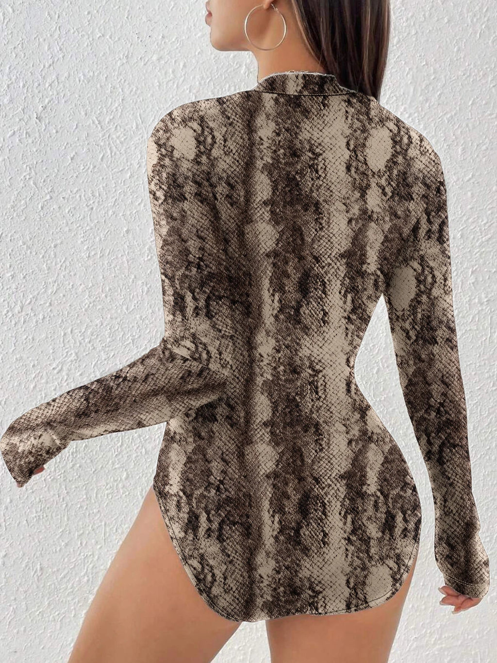 Sexy Leopard Print Long Sleeve V Neck Jumpsuit Shorts with Front Zipper Closure