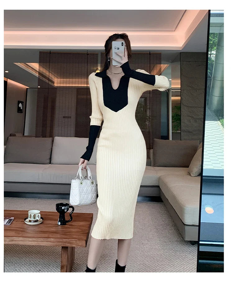Korean Style Knit Dress Long Sleeve Color Block Lace