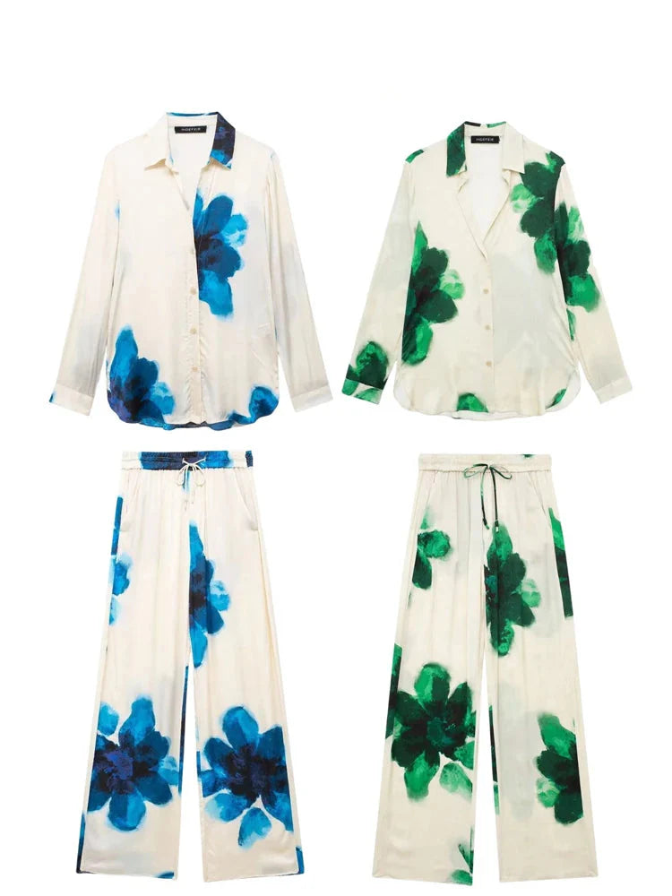 Trendy Summer Suit for Women with Printed Turn-Down Collar Long Sleeve Shirt and Elastic Waist Lace-Up Pants