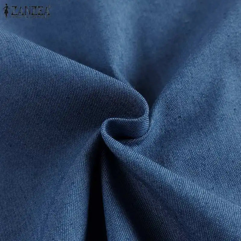 Denim Midi Dress for Women Sleeveless O Neck Blue Casual