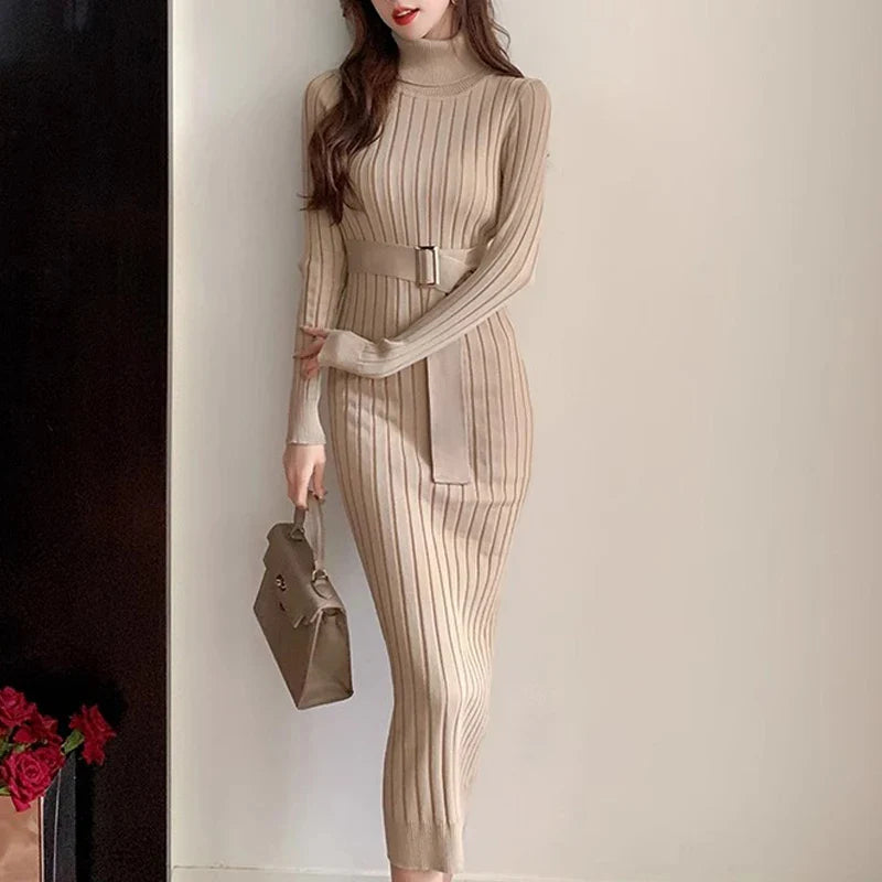 Rib Knit Bodycon Dress Belted Turtleneck Sweater Winter