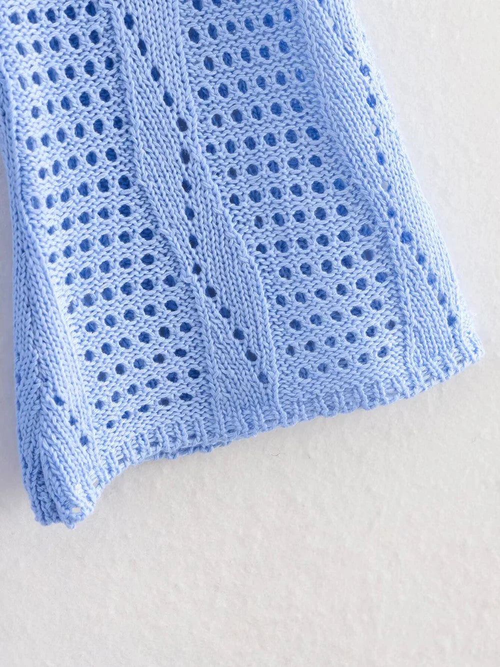 Blue Knit Beach Maxi Dress V Neck Long Sleeve Sheer