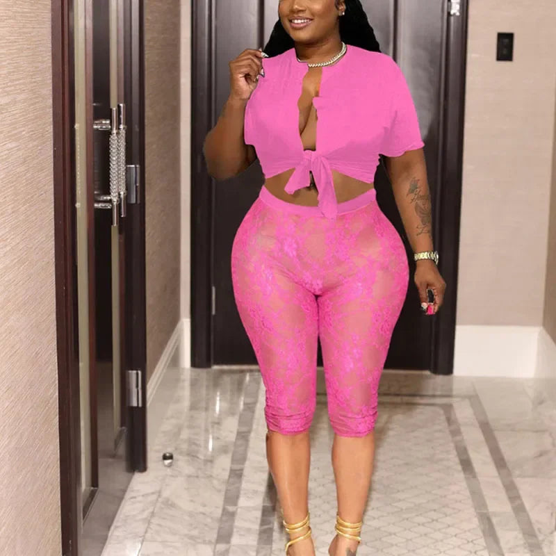 Sexy Lace Two Piece Set for Women with See-Through Crop Top and Knee Length Leggings Ideal for Party and Clubwear