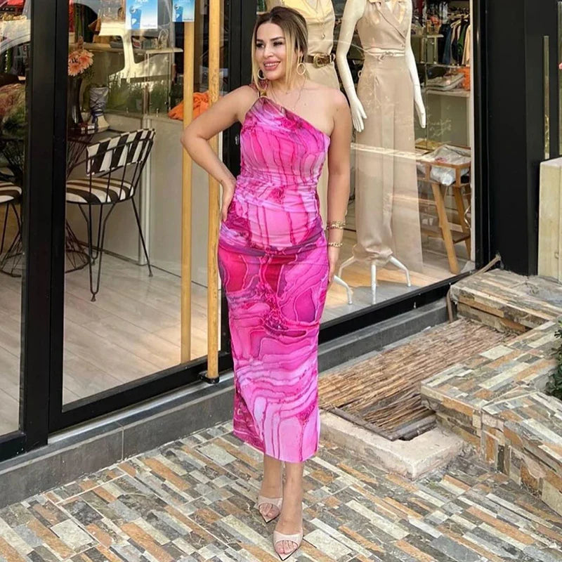 One Shoulder Backless Gradient Print Dress For Party