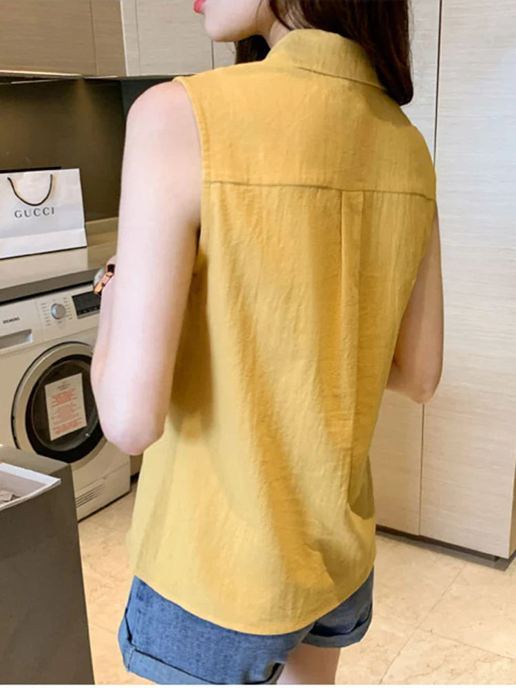 Sleeveless Turn-Down Collar Blouse for Women Elegant OL Style Workwear Shirt Lightweight Summer Top