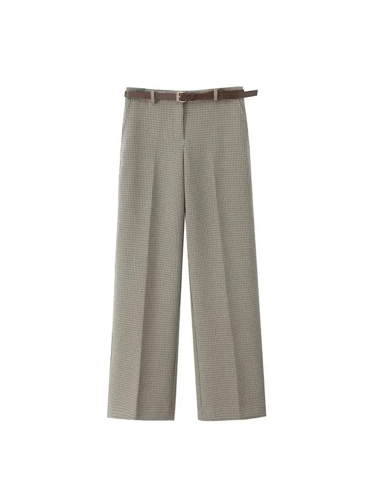 Women's Fashion Button-Up Check Waistcoat With High Waist Belted Straight Pants Two Piece Set