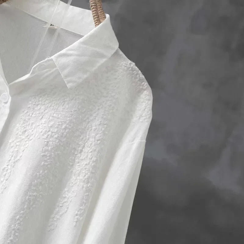 Cotton White Embroidered Long Sleeve Women's Shirt with Lapel Collar and Button Detail Casual Fashion Blouse for Everyday Wear