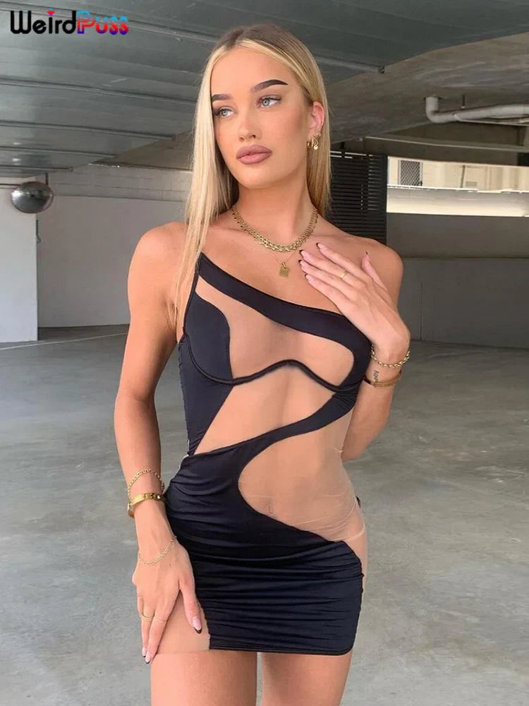 Mesh Patchwork Sexy Dress One Shoulder Sleeveless Bodycon