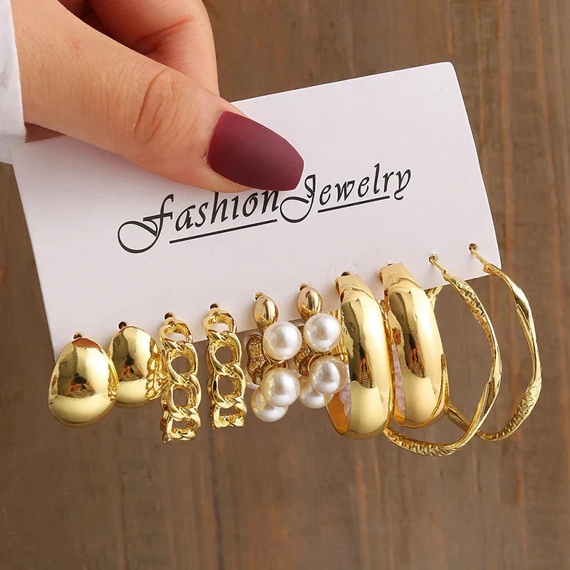 Gold Vintage Pearl Geometry Earrings Set for Women - Simple Trendy Dangle Jewelry