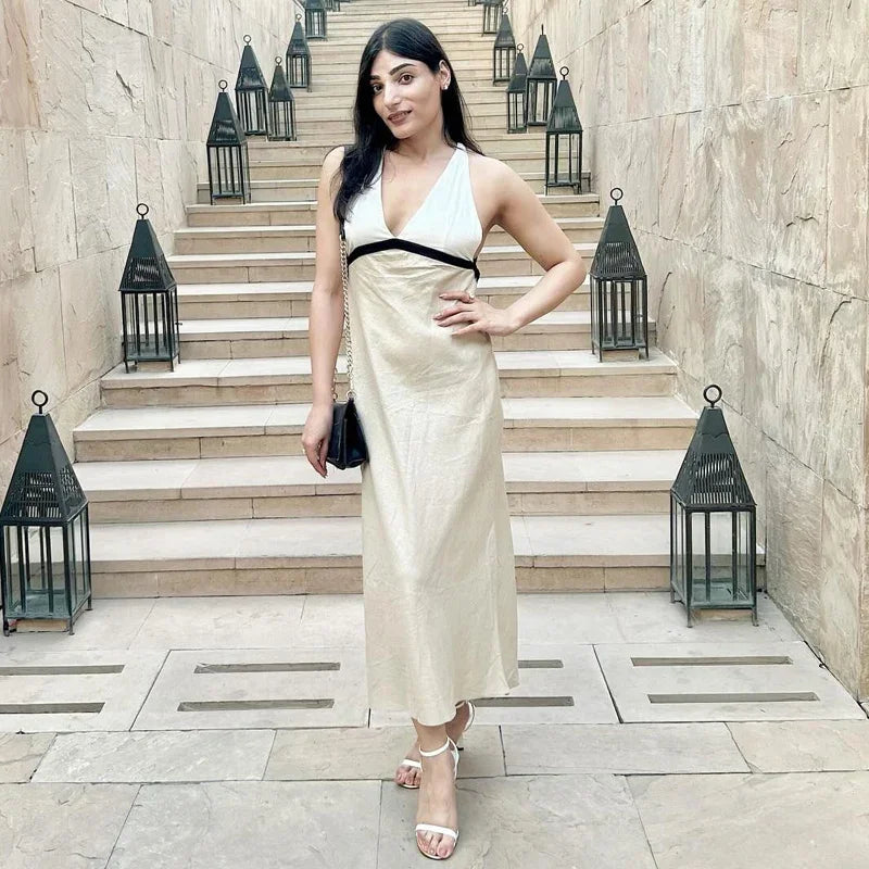 Backless Halter Party Dress With V Neck Patchwork Long Gown