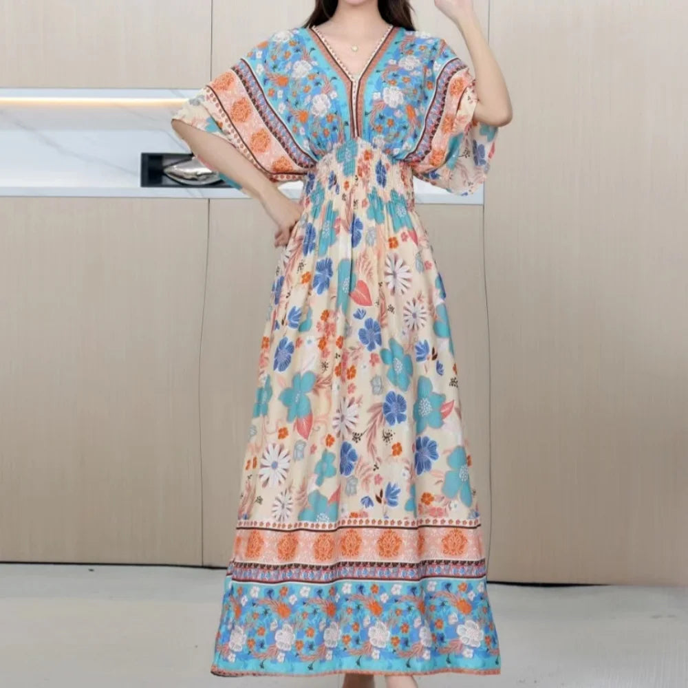 Sweet Countryside Printed Midi Dress V Neck Batwing