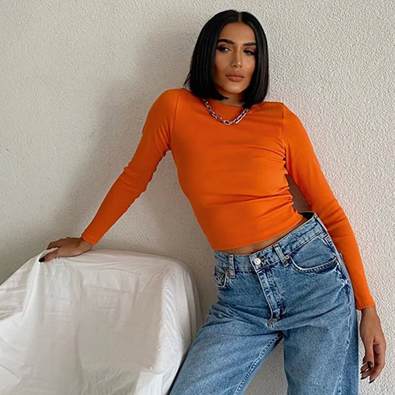 Ribbed Neck Green Cropped Long Sleeve T Shirt for Women - Slim Fit Mesh Top for Spring