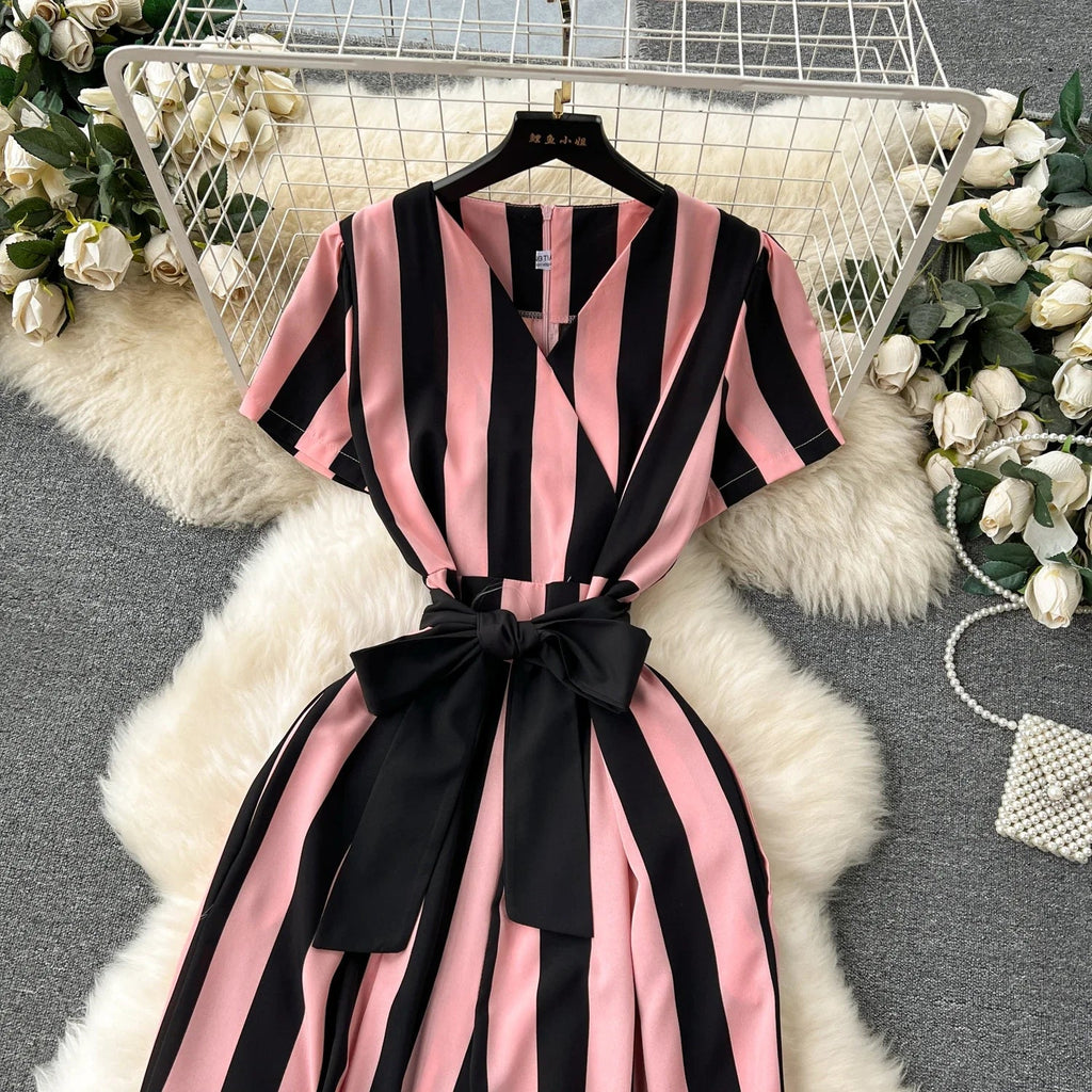 Sleeveless V Neck Stripe Jumpsuit for Women with Lace Up Bow Detail Summer Long Romper High Street Korean Inspired Style