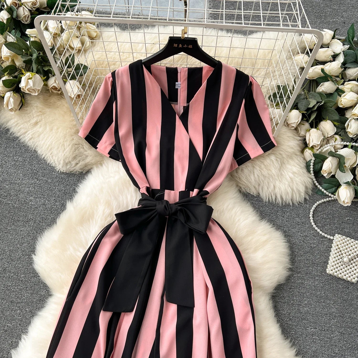 Sleeveless V Neck Stripe Jumpsuit for Women with Lace Up Bow Detail Summer Long Romper High Street Korean Inspired Style