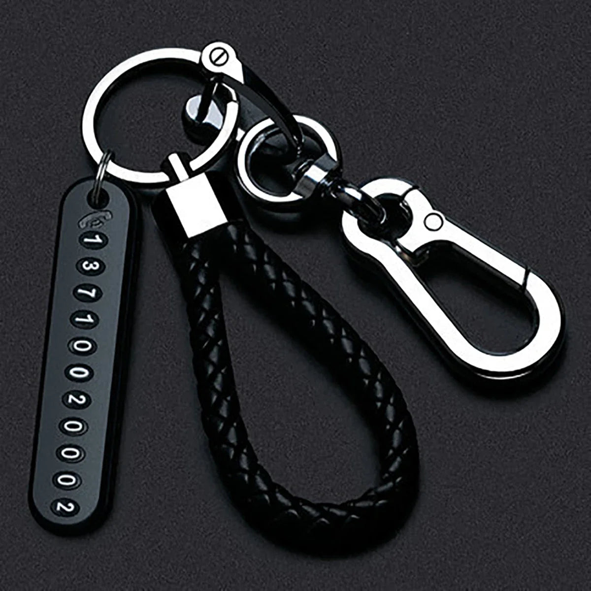 Trendy DIY Mobile Phone Number Plate Keychain for Men with Woven Leather Rope and Anti-Lost Design