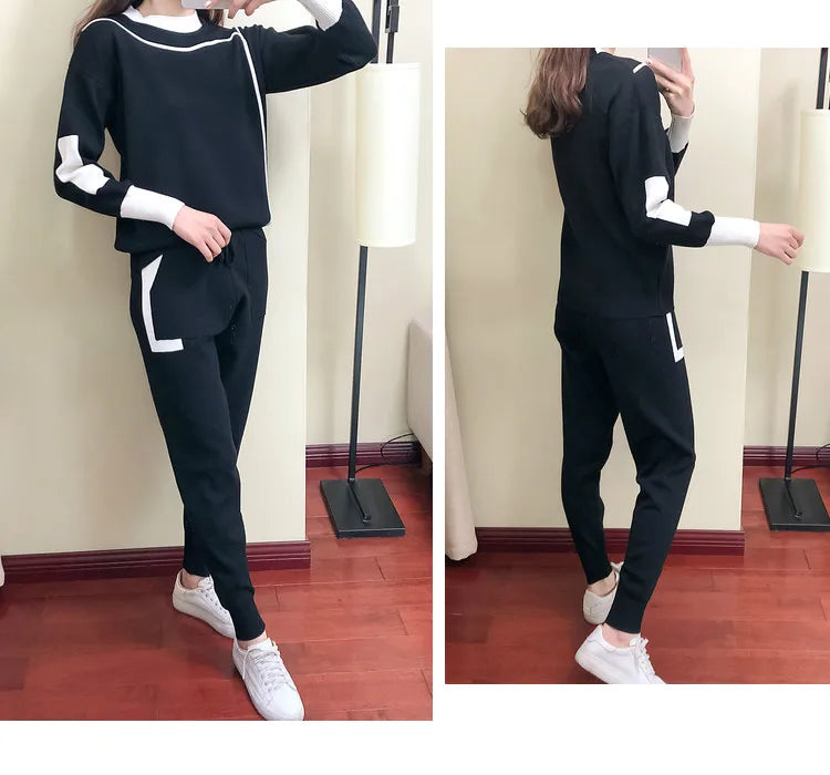 Knitted Casual Two Piece Set for Women Featuring Long Sleeve Pullover Sweater and Stylish Pants Suit