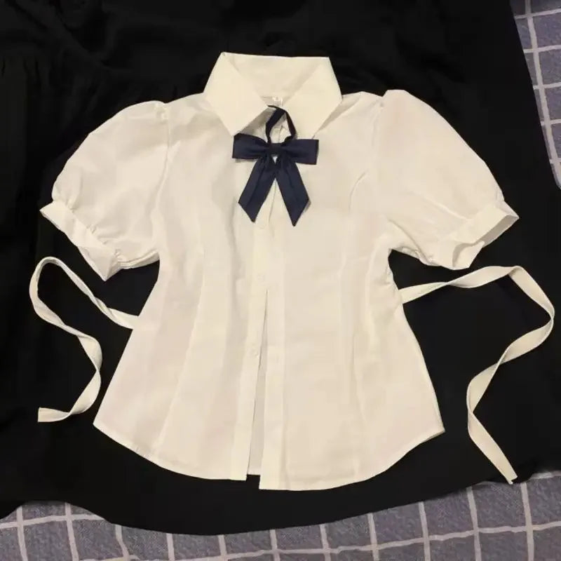 Slim Fit White Short Sleeve Blouse for Women with Sweet Bow Tie Neck Preppy JK Style Shirt