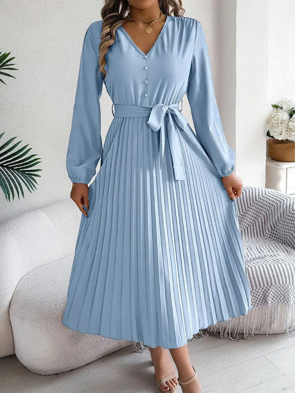 Elegant Autumn V Neck Belted Pleated Long Sleeve Dress