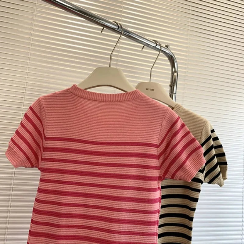 Summer Knit Bodycon Dress O Neck Short Sleeve Stripe Print