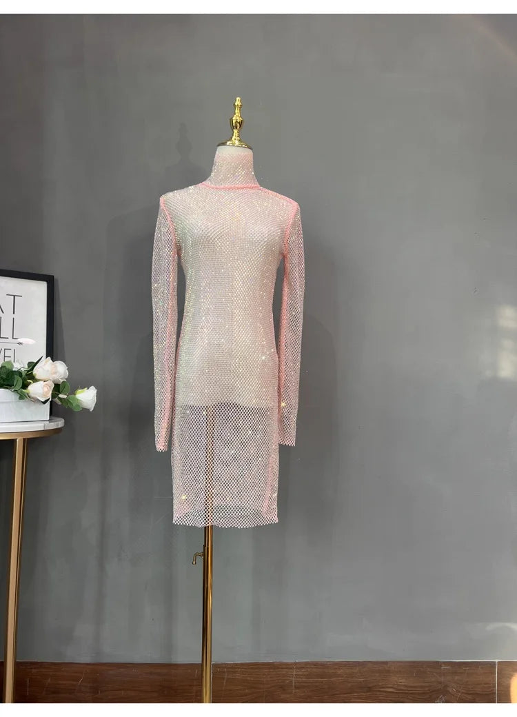 Rhinestone High Neck Glitter Party Dress Mid Length