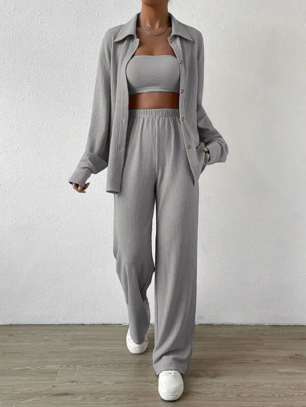 Casual Knit Two Piece Outfit for Women Long Sleeve Button Down Shirt and Loose Wide Leg Pants Set Streetwear Autumn Ensemble