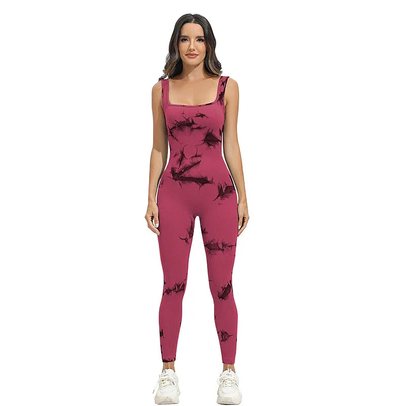 Tie-Dye Ribbed One-Piece Tank Top Jumpsuit for Women Sleeveless Yoga Sportswear Stretchy Comfort Fit