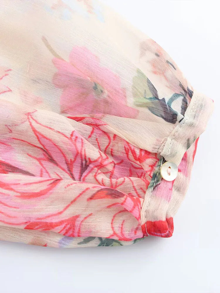 Floral Print Midi Dress With Belt Bow Collar Long Sleeve