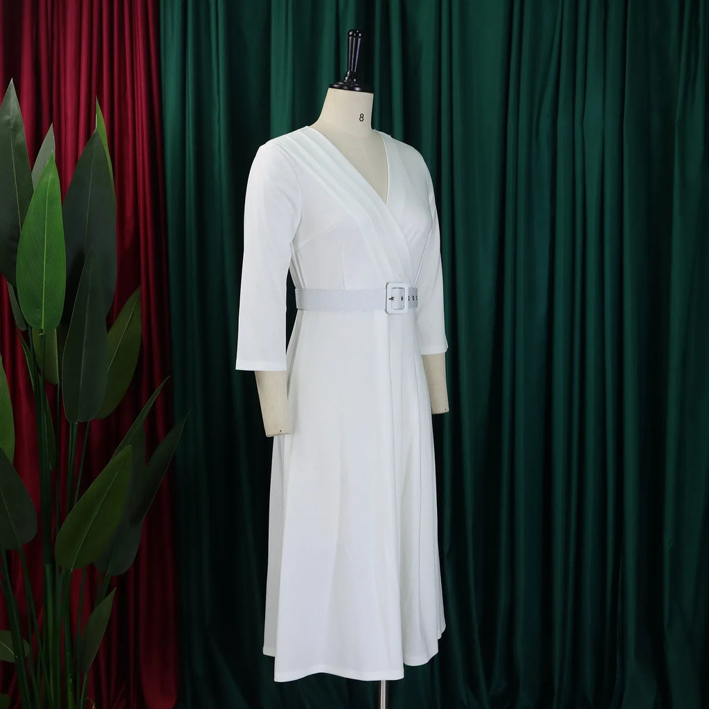 V Neck Office Dress For Women Belted Pleated Mid Calf