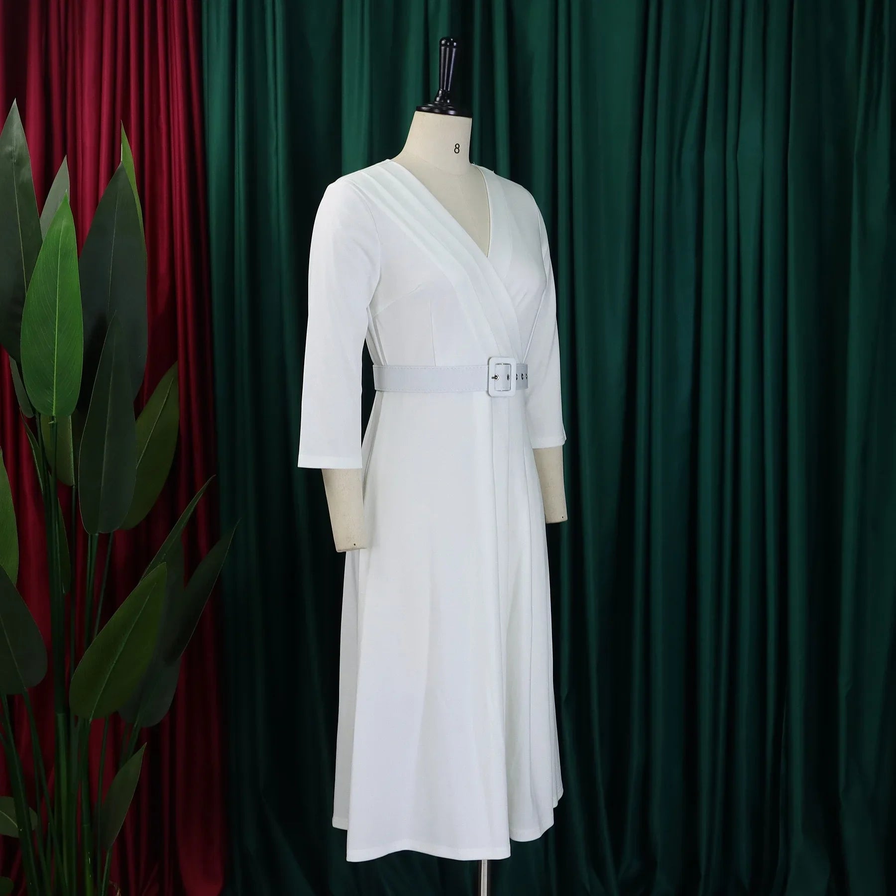 V Neck Office Dress For Women Belted Pleated Mid Calf