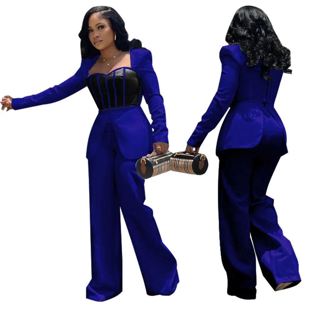 Women Long Sleeve Patchwork Romper Jumpsuit with Waist Cincher Wide-Leg Pants Elegant Office and Party Playsuit