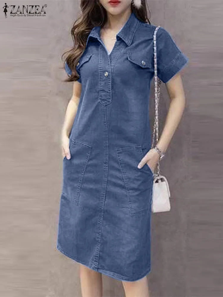 Denim Blue Lapel Neck Sundress for Women with Pockets