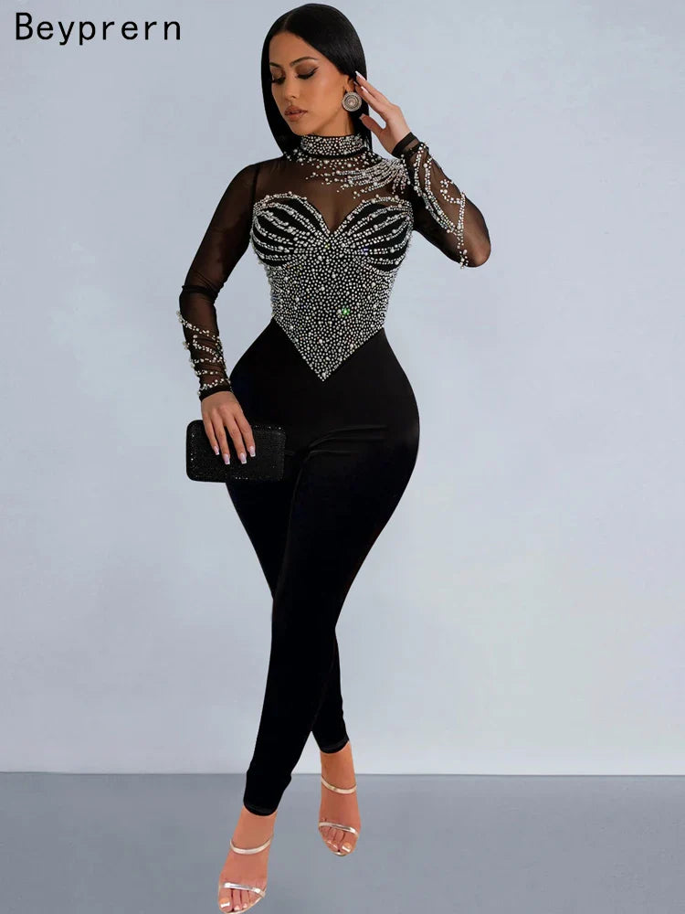 Women's Sheer Mesh Crystal Jumpsuit with Pearls and Rhinestones Long Sleeve Fitted Glam Romper Clubwear One-Piece Outfit