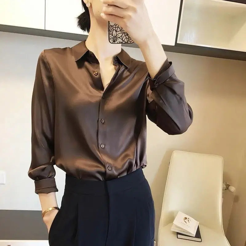 Satin Finish All-Match Blouse for Women Long Sleeve Casual Elegant Button Down Shirt Solid Color French Style Office Top