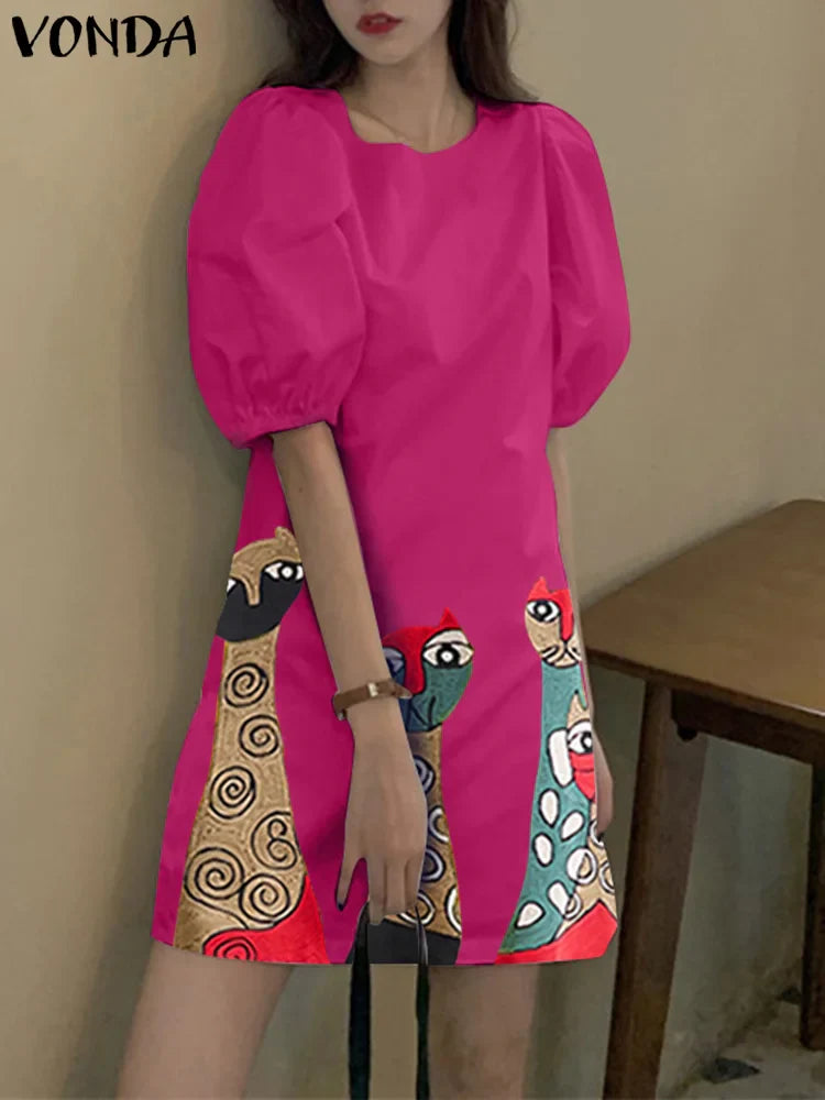 Bohemian Printed Sundress With Short Sleeves Round Neck