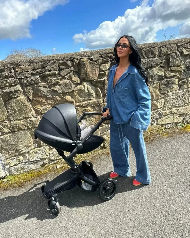 Casual Open Collar Pocket Denim Top and Loose Wide Leg Drawstring Waist Denim Pants Two Piece Set for Women