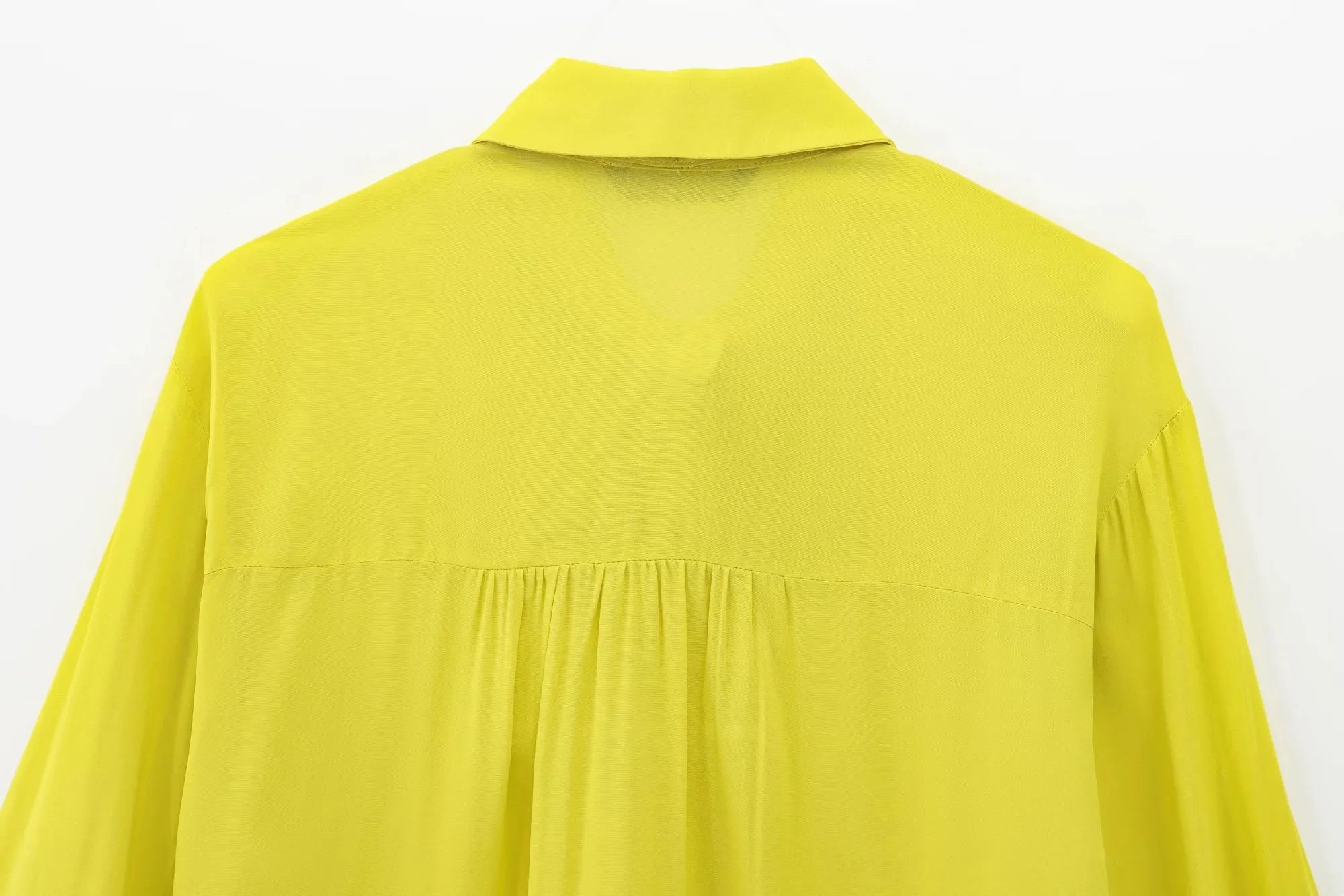 Yellow Chiffon Loose Fit Long Sleeve Shirt for Women with Bow Tie and Button Detail Casual Office Blouse