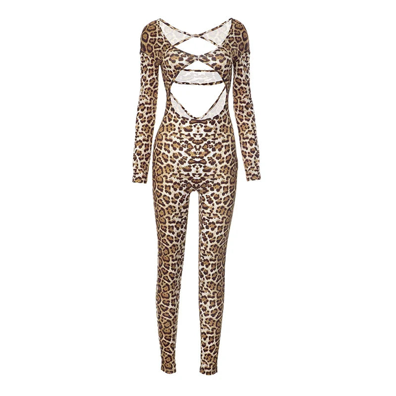 Leopard Print Long-Sleeved Crop Top with High-Waisted Trendy Jumpsuit Sexy Chic Stylish Outfit for Women