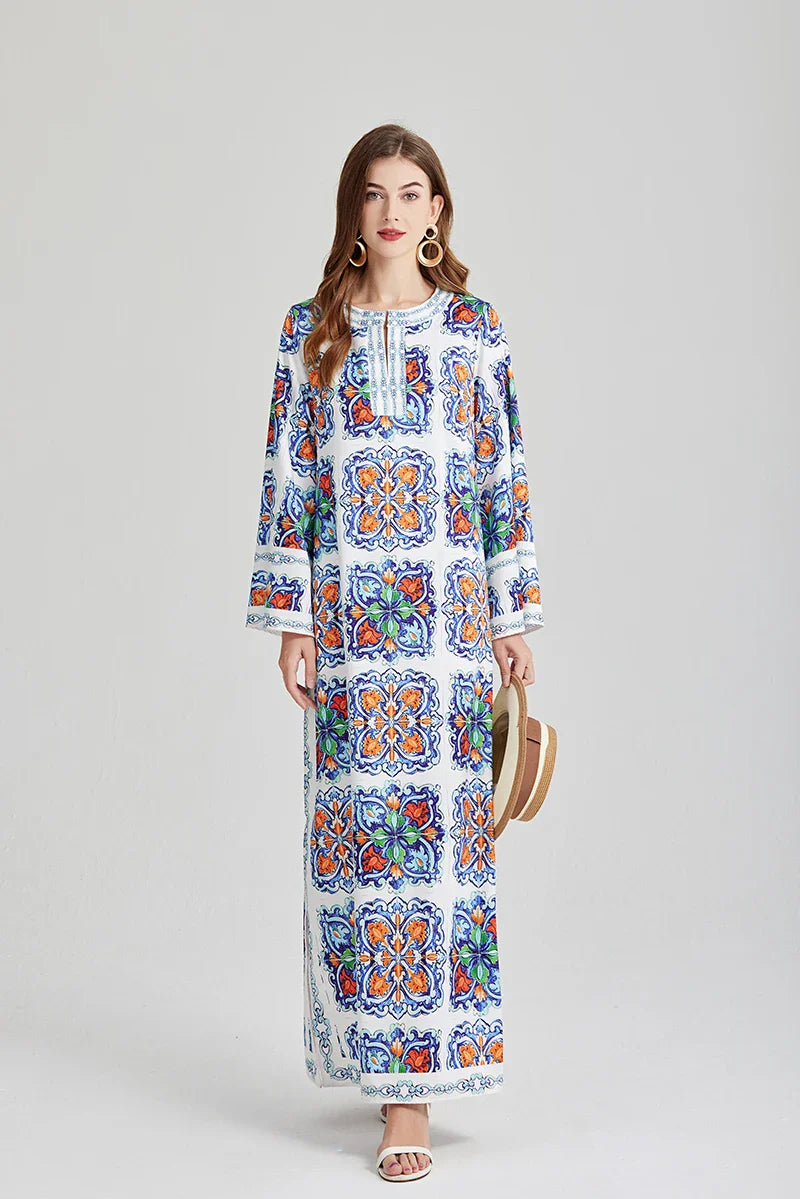Bohemian Maxi Dress Floral Print Long Sleeve O Neck