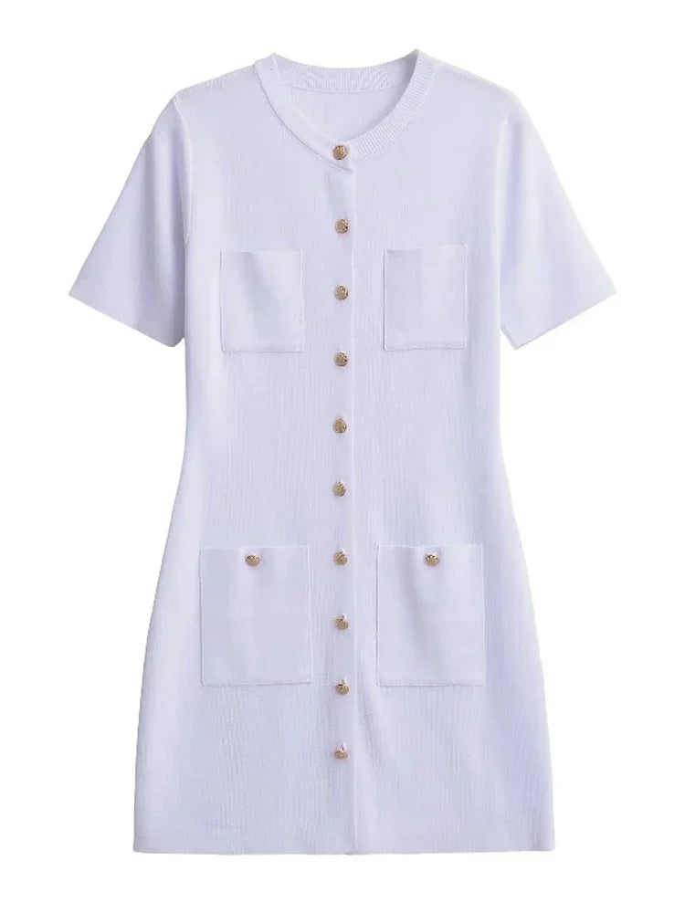 Ribbed Pocket Knit Dress For Women High Waist Mini Chic