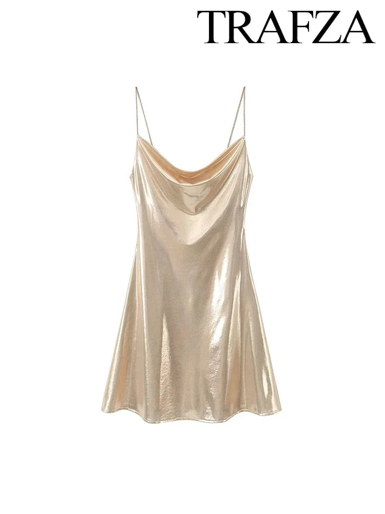 Metallic Glitter Backless Spaghetti Strap Dress For Party