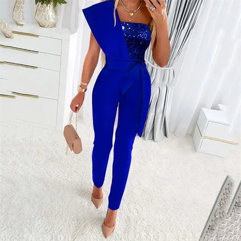 Women's One Shoulder Backless Sequined Jumpsuit Slim Fit Stretch Lace-Up High Waist Romper with Back Zipper