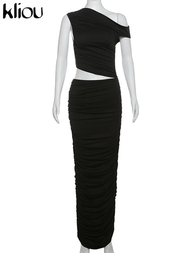 Summer Solid Color Pleated Oblique Shoulder Dress for Women