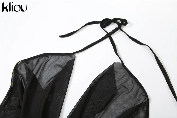 Mesh Halter Neck Two Piece Set For Women Sheer Swinging Crop Top With Solid Long Skirt Sexy Summer Midnight Outfit