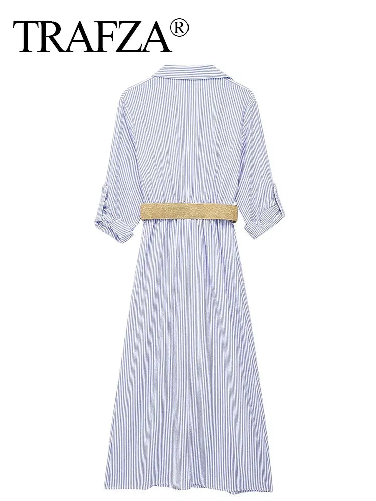 Blue Striped Shirt Dress With Belt Long Sleeve Midi